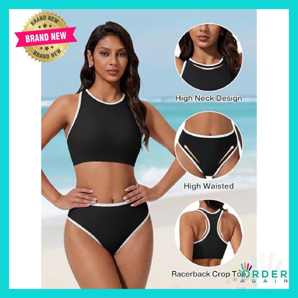 High Waisted Retro Sporty Bikini Set Adjustable Straps Removable Padding - Picture 4 of 8